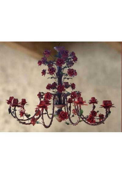 Lustre  floral em ferro Provence Rosas 8 lâmpadas 